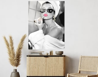 Audrey Hepburn Make Up, Audrey Hepburn Poster, Hepburn Pink Lips, Extra Large Wall Art, Tempered glass wall art, Popular Right Now