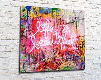 Banksy Life is Beautiful Wall Art, Giclee Prints Wall Decor, Movie Extra Large Canvas Wall Art, Tempered Glass Wall Art