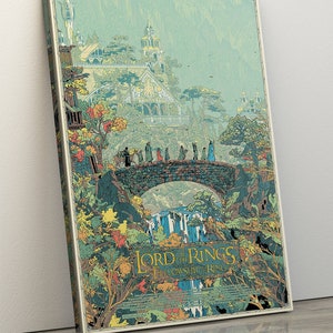 May include: A colourful illustration of a scene from The Lord of the Rings: The Fellowship of the Ring movie poster. The poster features a group of characters walking across a stone bridge in a lush forest setting. The text "The Lord of the Rings: The Fellowship of the Ring" is displayed at the bottom of the poster.
