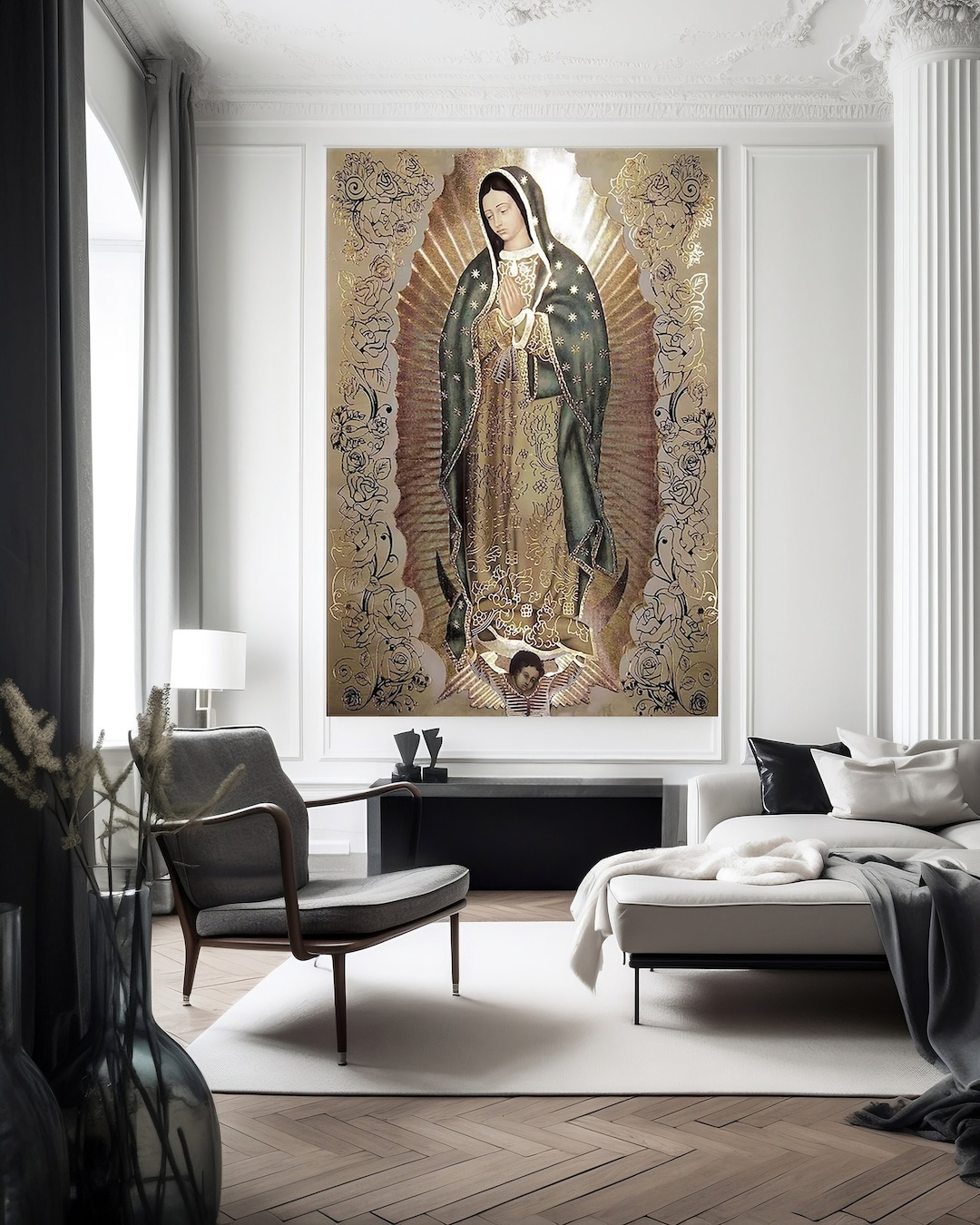 St Michael Archangel w Guadalupe Virgin print with Silver leaf frame