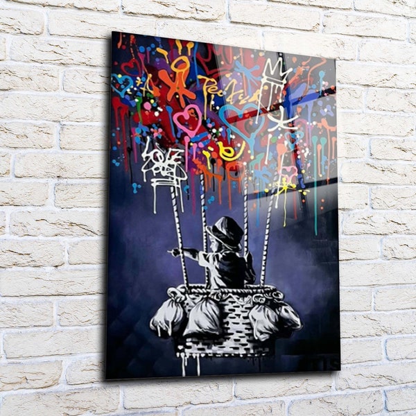 Banksy-Junge fliegt mit Ballon-Wandkunst, Giclée-Straßen-Graffiti-Wanddekoration, Film-extra große Leinwand-Wandkunst, gehärtetes Glas-Wandkunst