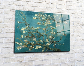 May include: A painting of a blossoming almond tree with white flowers against a teal blue background. The branches of the tree are depicted with thick, dark strokes, creating a sense of movement and energy. The painting is a classic example of Vincent van Gogh's style.