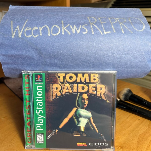 Tomb Raider 1 REPRODUCTION CASE No Disc! Ps1 Greatest Hits Version Green Label