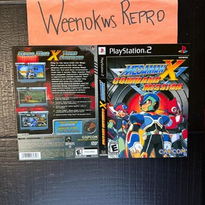 Könnte beinhalten: PlayStation 2 Videospielhülle für Mega Man X: Command Mission. Das Cover zeigt mehrere Charaktere in Actionposen mit einem blau, rot und gelb Farbschema. Der Titel des Spiels ist deutlich sichtbar.