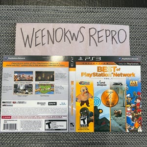 Puede incluir: Una caja de juego de PlayStation 3 con un fondo azul y amarillo. La caja presenta una colección de cuatro juegos: "When Vikings Attack", "Sound Shapes", "Tokyo Jungle" y "Fat Princess". La caja incluye el texto "Best of PlayStation Network Vol. 1" y "Includes 4 Full Games".