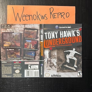 May include: A video game case for Tony Hawk's Underground for the Nintendo GameCube. The cover features a skater in silhouette and the game's title in orange and red. The case also includes the text "You Own The Underground."
