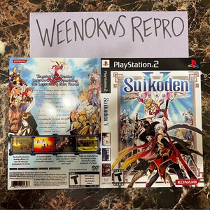 May include: A PlayStation 2 video game case for Suikoden V. The front cover features a blue and white background with a group of characters in the foreground. The title "Suikoden V" is written in large, bold letters at the top of the case. The back cover features a description of the game, along with screenshots and information about the game's features.