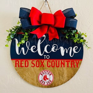 12&quot; Boston Red Sox Wood Round Door Sign Welcome To Our Home MLB Front Door Hanger Baseball Wreath Boston Sign MA Teams Wreath Unique Gifts