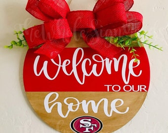 12&quot; San Francisco 49ers houten ronde deurbord Welkom bij ons huis 49er verandadeurhanger voetbalkrans 49er thuisbord NFL-kerstkrans