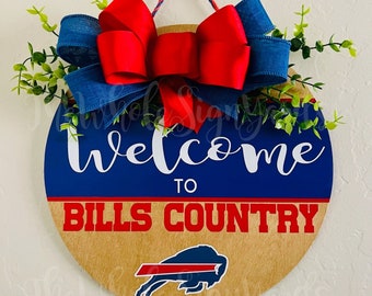 12" Buffalo Bills Wood Round Door Sign Welcome To Our Home Billieve Front Door Hanger Football Wreath Bills Mafia Sign NFL Wreath New York