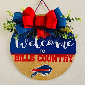 12" Buffalo Bills Wood Round Door Sign Welcome To Our Home Billieve Front Door Hanger Football Wreath Bills Mafia Sign NFL Wreath New York