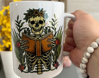 15 oz Skelett Lesebecher Halloween Tasse Dead Until Koffein Tasse Dead Inside Becher Dead Librarian Becher Unikat Geschenke für Leser Skelett Tasse