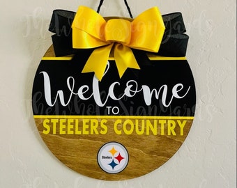 12" Pittsburgh Steelers Wood Sign Football Door Sign NFL Wreath Football Steelers Nation Welcome Home Door Hanger PA Steelers Country Sign