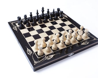 15x15 inch,New Handcarved wooden Chess Set,Handmade Wooden Classic Design Chess Piece Black , +Backgammon,+ Chekkers, (38x 38 cm) Gift