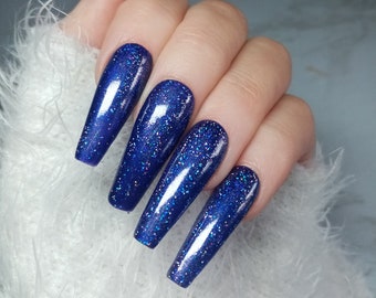 Holographic Blue & glitter Press on nails/ Custom nail Set/ Long Coffin nails/ Galaxy nails /Gift idea for daughter