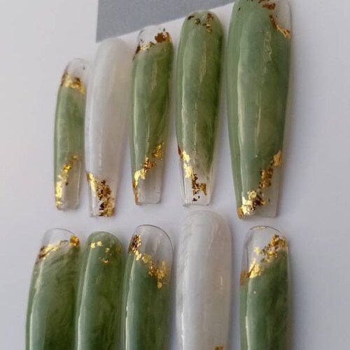 XXL Coffin Green and White Marble Nails /jade Marble Press on - Etsy