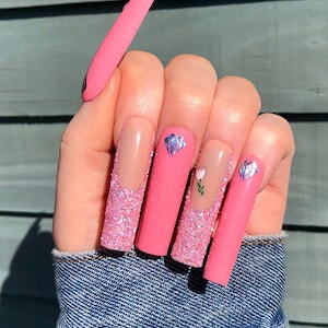 XXL Tapered Square Press on Nails / Pink Glitter French tip / Summer False nails