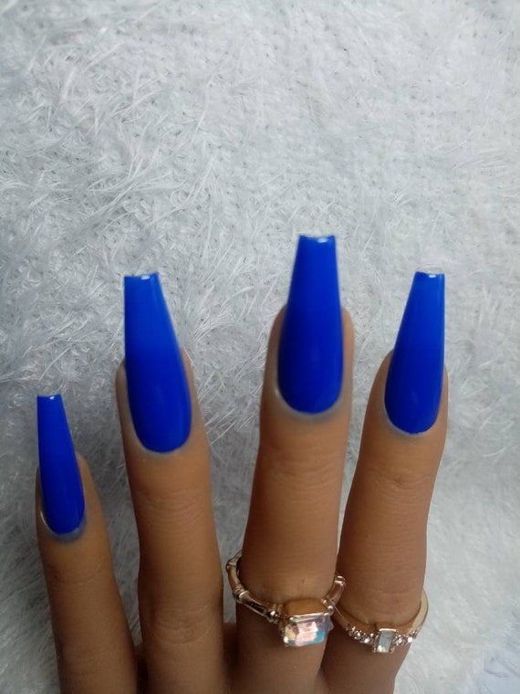 24 Electric Indigo Blue Press on nails glue Long Coffin Bright Dark Co –