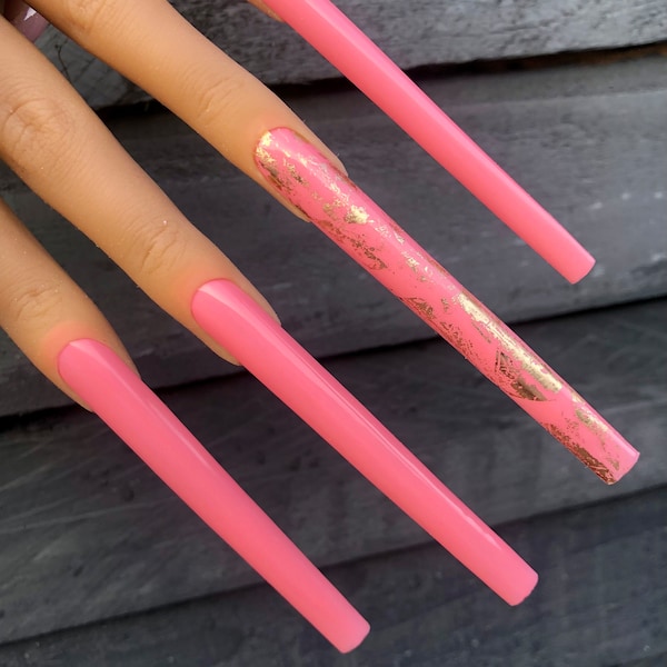 10XL Square Pink and Gold foil nails | Extendo Press On Nail Set| Long False Nails