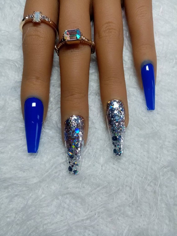 Electric Blue and Diamond Glitter Bling Press on Nails Long