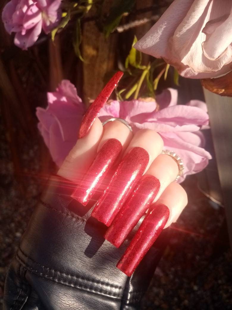Xxl Tapered Square Press On Nail Set Red Glitter Long Square Etsy