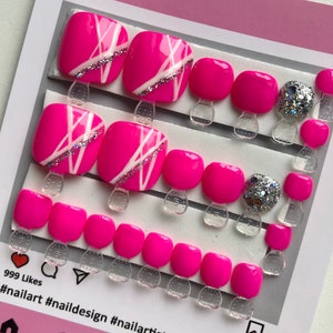 20 piece Neon Pink press on toenail set / false gel toenail set/ instant pedicure
