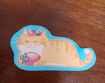 Strawberry Kitty Sticker / Cat Sticker / Vinyl Sticker / Journaling / Scrapbooking / Hydroflask /Hydroflask Sticker / Cat / Strawberry