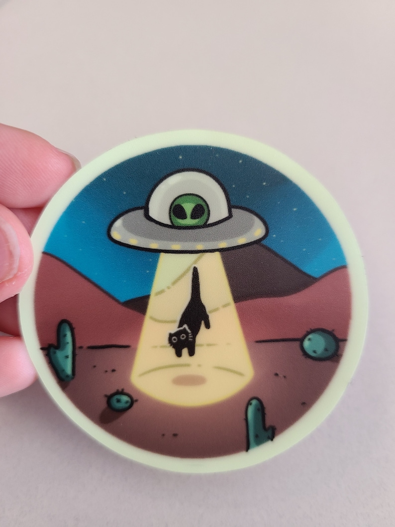 May include: A black cat with green eyes walks away from a glowing UFO in a desert landscape with cacti. The UFO is hovering above the cat and casting a beam of light on the ground.