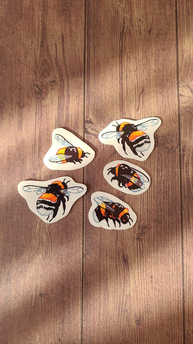 Op de afbeelding: Vijf zwarte en gele hommelstickers op een houten achtergrond. De hommels zijn in verschillende poses, sommige met hun vleugels uitgespreid en sommige met hun vleugels gevouwen.