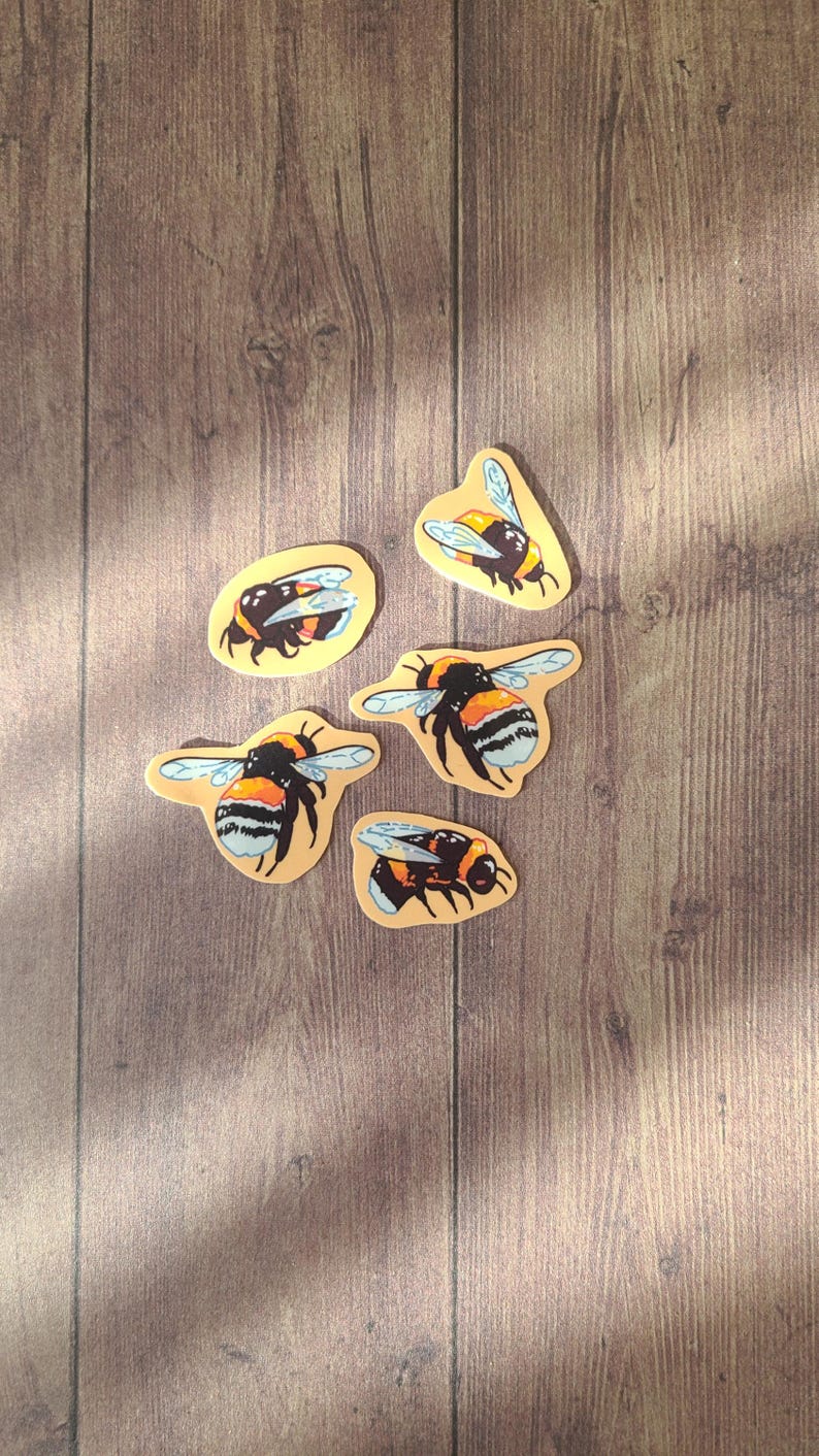 Op de afbeelding: Vijf gele en zwarte hommelstickers op een houten achtergrond. De hommels bevinden zich in verschillende posities met uitgespreide vleugels.