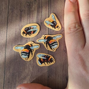 Op de afbeelding: Vijf gele en zwarte hommelstickers op een houten oppervlak. De hommels bevinden zich in verschillende posities, sommige vliegen en andere rusten.