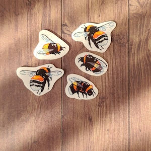 Op de afbeelding: Vijf hommelautocollants op een houten achtergrond. De stickers zijn wit met zwarte en gele hommels.