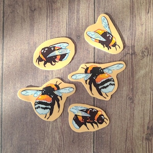 Op de afbeelding: Vijf gele en zwarte hommelstickers op een houten achtergrond. De hommels zijn in verschillende poses, sommige met hun gezicht naar voren en andere met hun gezicht naar de zijkant. De stickers zijn allemaal op een lichtgele achtergrond.