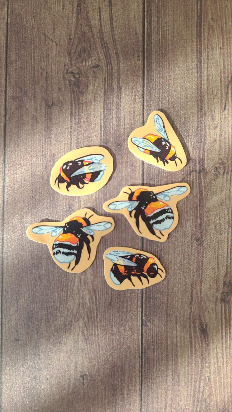 Op de afbeelding: Vijf gele en zwarte hommelstickers op een houten achtergrond. De hommels zijn in verschillende poses, sommige met hun gezicht naar voren en andere met hun gezicht naar de zijkant. De stickers zijn allemaal op een lichtgele achtergrond.