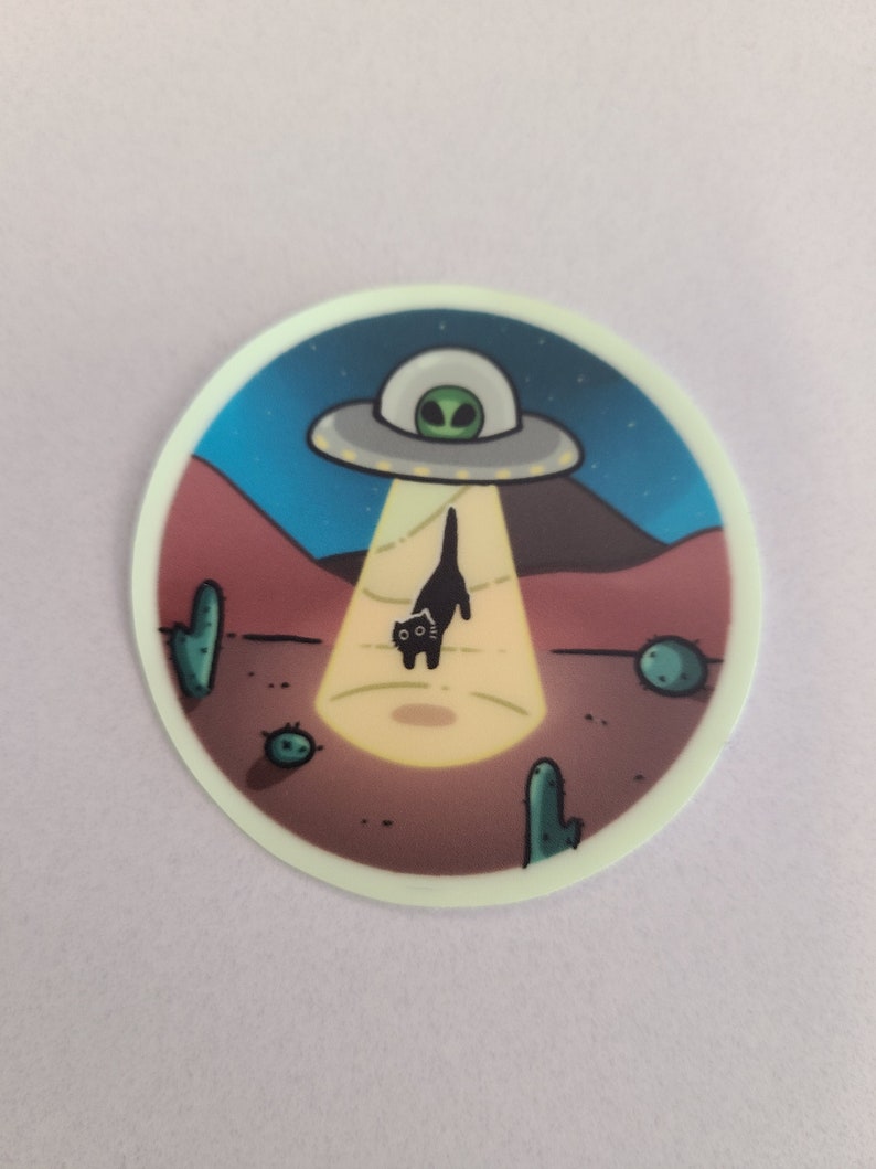 May include: A black cat stands in the light of a UFO, which is hovering over a desert landscape with cacti. The UFO is gray with a green alien inside.
