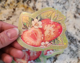 Sparkle Strawberry Sticker / Fruit Sticker / Vinyl Sticker / Journaling / Scrapbooking /Hydroflask Sticker / Strawberry / coquette