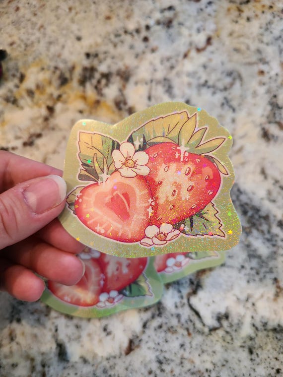Sparkle Strawberry Sticker / Fruit Sticker / Vinyl Sticker / Journaling / Scrapbooking /Hydroflask Sticker / Strawberry / coquette