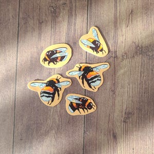 Op de afbeelding: Vijf gele en zwarte hommelstickers op een houten achtergrond. De hommels zijn in verschillende poses met hun vleugels uitgespreid.