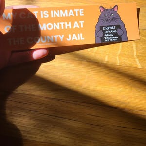 May include: An orange and white bookmark with the text "MY CAT IS INMATE OF THE MONTH AT THE COUNTY JAIL." A cartoon cat mugshot is on the right, with "CRIMES: LOITERING, ARSON, DISTURBING THE PEACE."