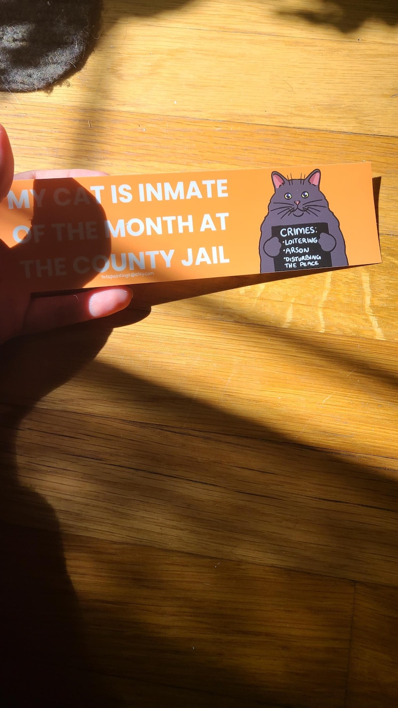 May include: An orange and white bookmark with the text "MY CAT IS INMATE OF THE MONTH AT THE COUNTY JAIL." A cartoon cat mugshot is on the right, with "CRIMES: LOITERING, ARSON, DISTURBING THE PEACE."