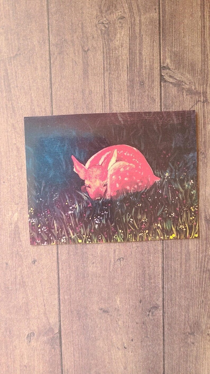 May include: A pink and white spotted fawn lying in a field of green grass and wildflowers. The fawn is curled up and its head is resting on its front legs.