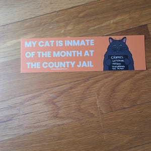 May include: An orange rectangular sticker with the text "MY CAT IS INMATE OF THE MONTH AT THE COUNTY JAIL." A cartoon cat holding a sign that says "CRIMES: LOITERING, ARSON, DISTURBING THE PEACE" is on the right. The sticker is on a wooden surface.