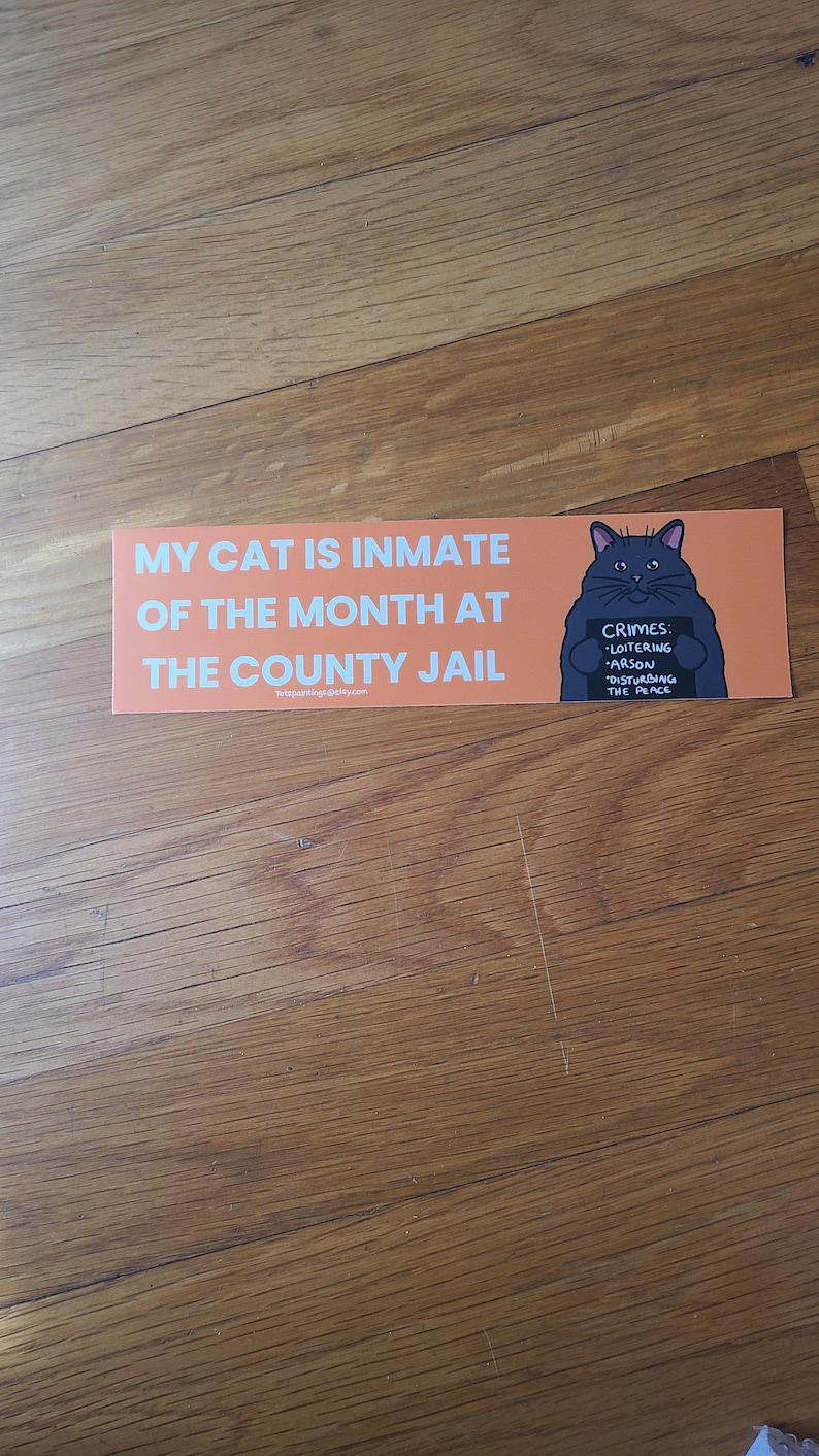 May include: An orange rectangular sticker with the text "MY CAT IS INMATE OF THE MONTH AT THE COUNTY JAIL." A cartoon cat holding a sign that says "CRIMES: LOITERING, ARSON, DISTURBING THE PEACE" is on the right. The sticker is on a wooden surface.