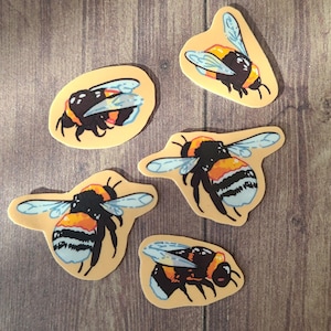 Op de afbeelding: Vijf gele en zwarte hommelstickers op een houten achtergrond. De hommels zijn in verschillende poses, sommige met hun vleugels gespreid en sommige met hun vleugels gevouwen.
