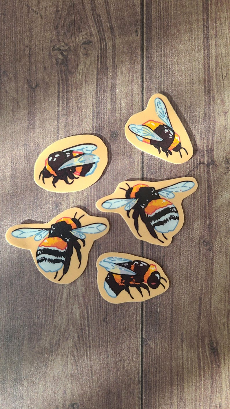 Op de afbeelding: Vijf gele en zwarte hommelstickers op een houten achtergrond. De hommels zijn in verschillende poses, sommige met hun vleugels gespreid en sommige met hun vleugels gevouwen.