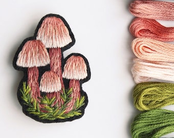 Mycena Mushroom Brooch, Hand Embroidered Pin, Pink Mushroom Brooch, Mushroom Pin, Mycena Mushroom Embroidery, Mushroom Lover Gift