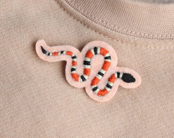 Red Black White Snake Pin, Serpent Brooch, Hand Stitched Pin, Coral Snake Pin, Embroidered Snake Brooch, Embroidered Gift, Snake Lovers Gift