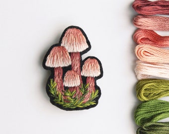 Mycena Mushroom Brooch, Hand Embroidered Pin, Pink Mushroom Brooch, Mushroom Pin, Mycena Mushroom Embroidery, Mushroom Lover Gift