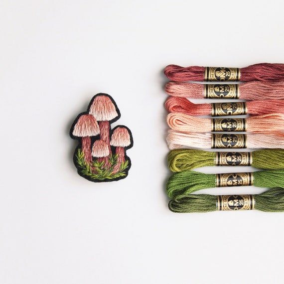Mycena Mushroom Brooch, Hand Embroidered Pin, Pink Mushroom Brooch, Mushroom Pin, Mycena Mushroom Embroidery, Mushroom Lover Gift