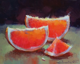 May include: Three slices of orange fruit, painted in a realistic style, on a green surface. The oranges are bright red and orange with a white rim. The background is dark.